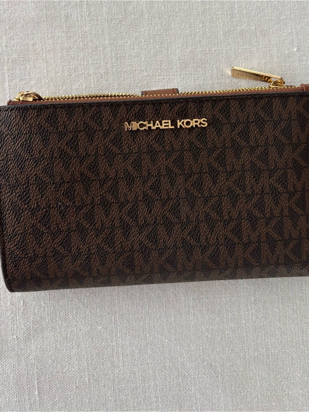 Michael Kors Brown MK Monogram Zip Wallet with Gold Hardware